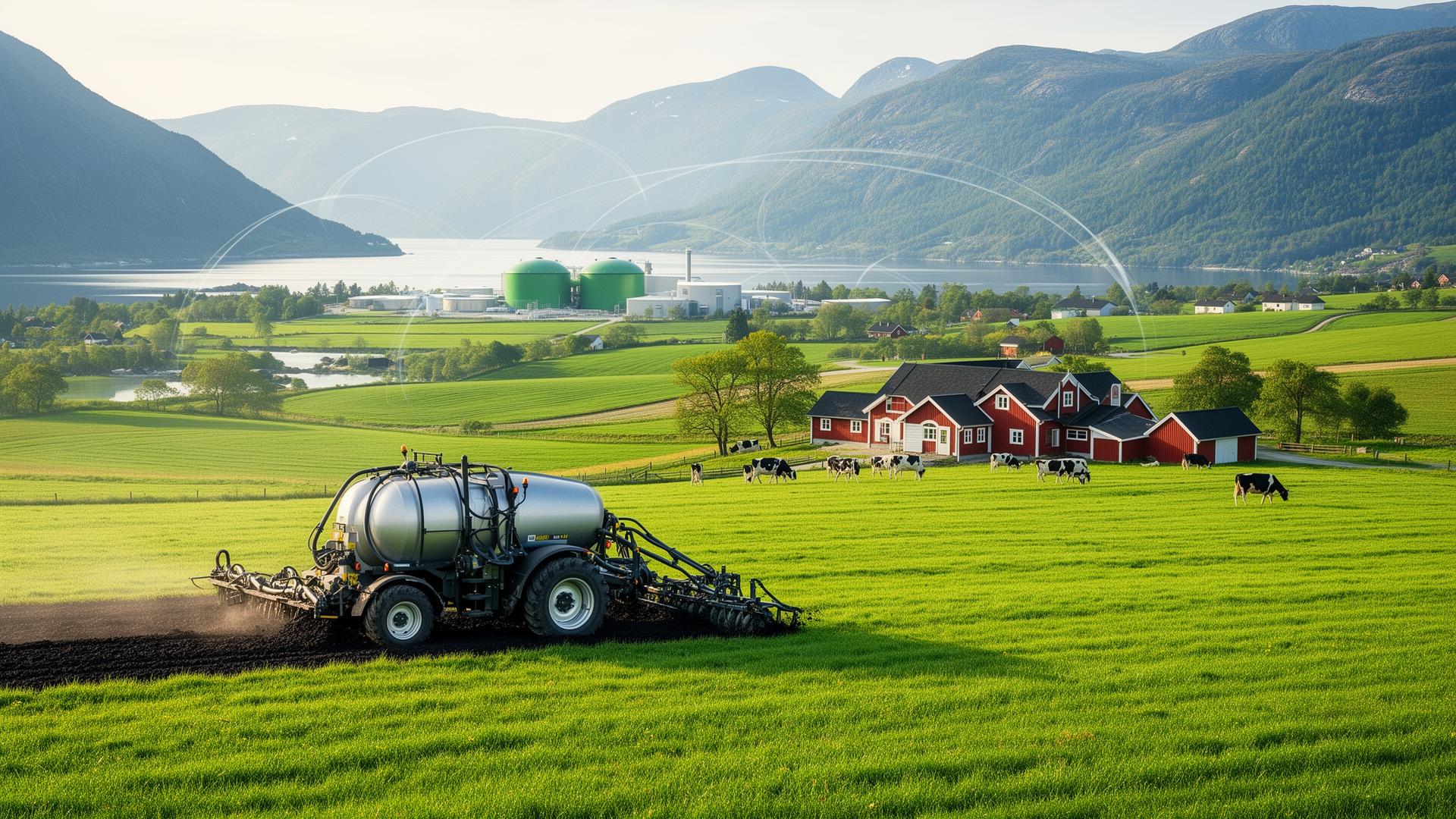 Norsk landbrukslandskap med gjødselvogn, gard og biogassanlegg